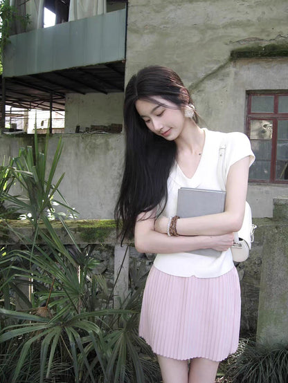 V-neck Short Sleeve Top + High-waisted Temperament Skirt (2 pcs set)