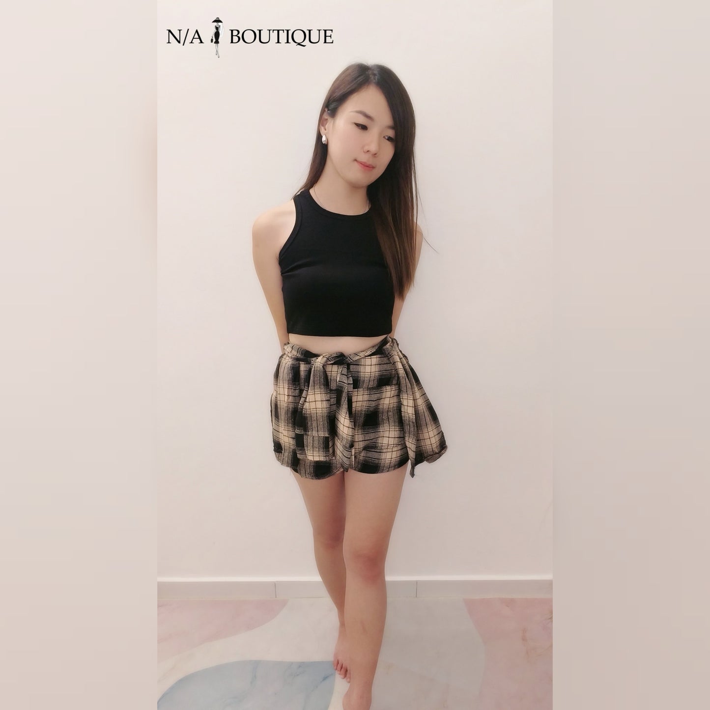 Black Top with Plaid Pant Skirt